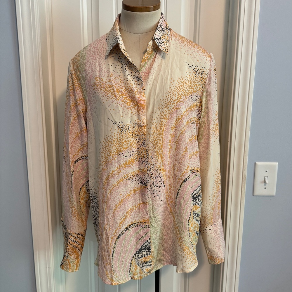 Catherine Gee Medium Daria 100% Silk Button Blouse Top ~ Abstract Modern Art